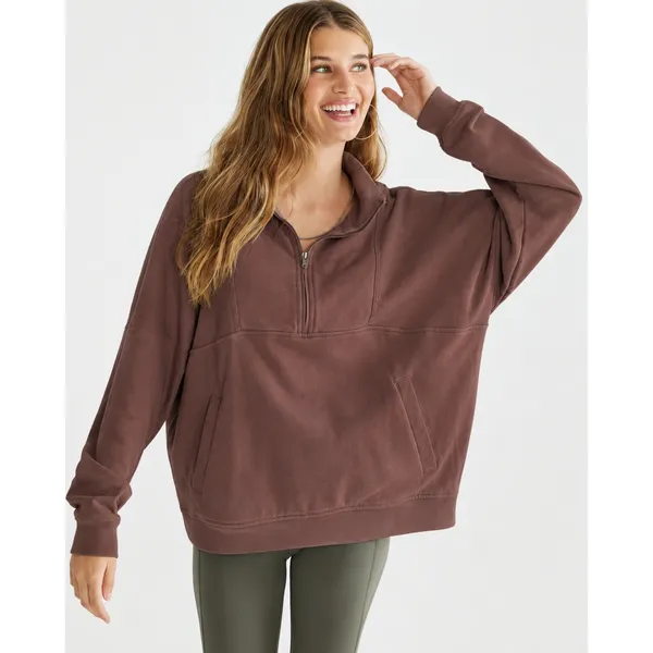Aeropostale Brown Quarter Zip Ribbed Mock-Neck Pullover Sweatshirt Small - Image 2