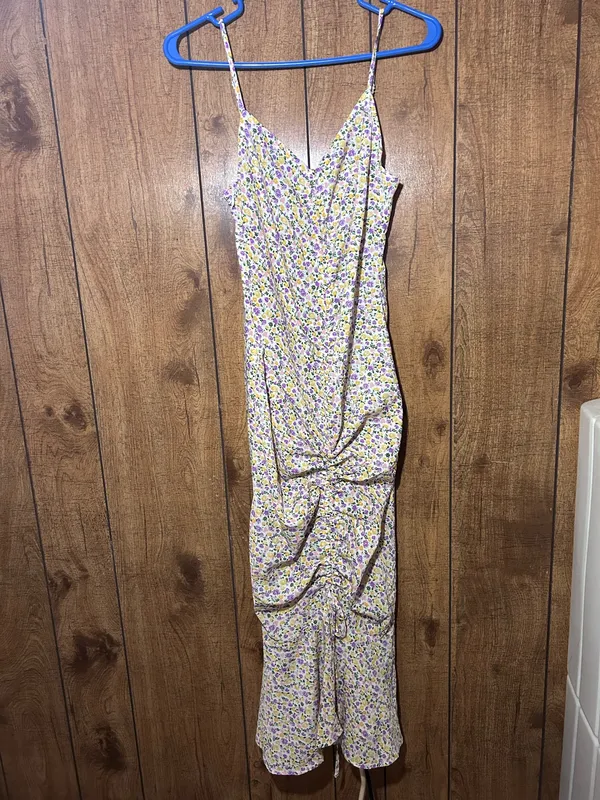 NWT Cupshe Brisa M White Purple Ditsy Floral Ruched Ruffle Midi Dress - Image 8