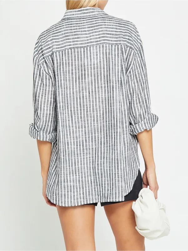 NWT few moda Billy Oversized Linen Shirt size Small S Black Stripe button theory - Image 2
