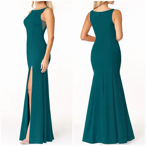 Azazie A2 Teal Mermaid Bridesmaid Dress Floor Length Slit Mesh Formal Gown - Image 6