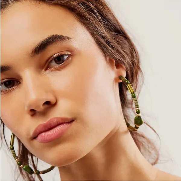 Free People Bom Bom Island Beaded Bohemian Half Hoops in Green NWT Beach - Image 3