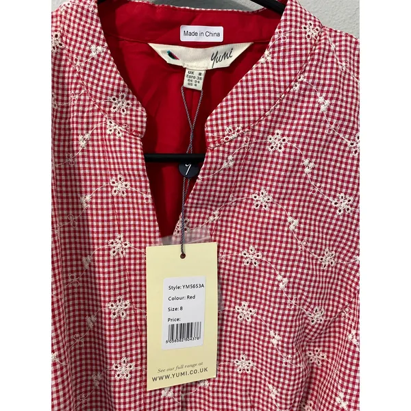 Yumi Kim NWT Red Gingham Floral Embroidered Belted Midi Dress Size 8 - Image 3