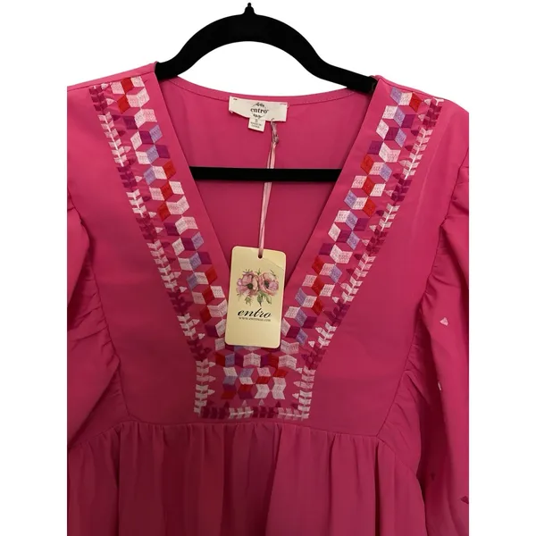 ENTRO BUBBLE SLEEVE DRESS Embroidered Size S Hot Pink - Image 3