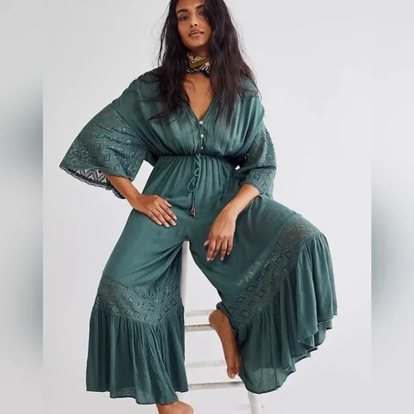 Free People Angela Jumpsuit Dried Pine Crochet Jumper Large Flowy Bohemian - Image 3