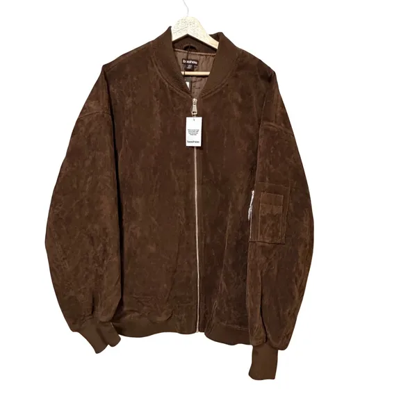 Boohoo Vintage Suede Look Oversized Bomber Jacket Chocolate Brown US 12 NEW - Image 4