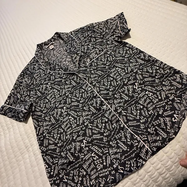 Victoria’s Secret PJ Pajama Button Up Shirt Top Sz L Large Black & Pink - Image 12