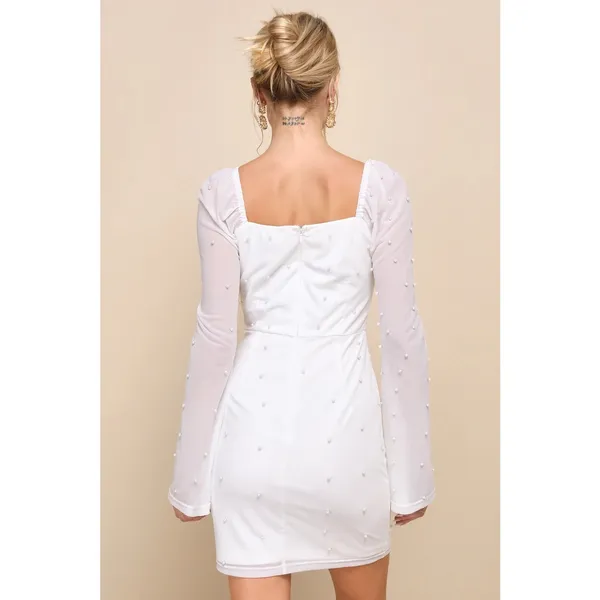 NWOT Lulus Flirty Luxury Ivory Mesh Pearl Long Sleeve Mini Dress Size Large - Image 2