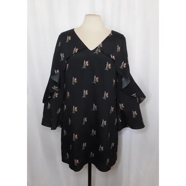 KOBI HALPERIN Ayana Ruffle Sleeve‎ Black Floral Dress Cape Shift Dress Medium - Image 2