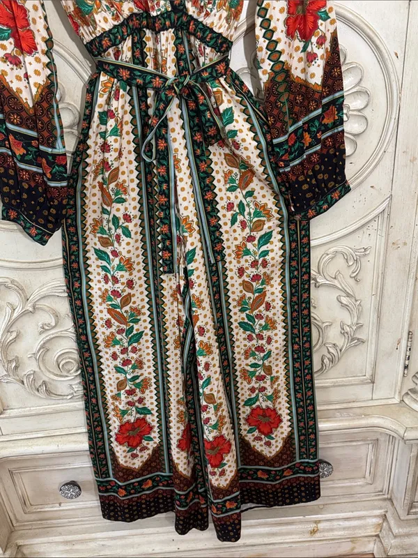 Farm Rio x New Anthropologie Cotton Boho Floral Jumpsuit Long Sleeve S-S - Image 7