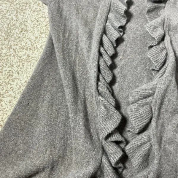 Magaschoni Ruffle Trim Cashmere‎ Cardigan Womens Brown Open Front Knit Hole - Image 6