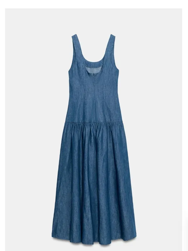 NWOT ZARA MIDI CAPE Denim SKIRT DRESS Medium Blue Cotton Linen Blend - Image 7