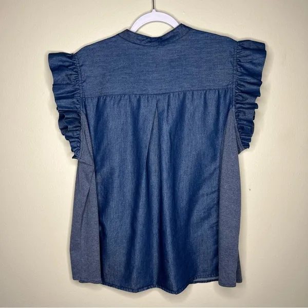 NY Collection Woman Dark Wash Cotton Chambray‎ Flutter Sleeve Button Front Top - Image 8