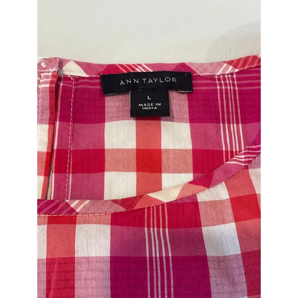 Ann Taylor Top Pink Orange White Plaid Loose Fit Size L - Image 5