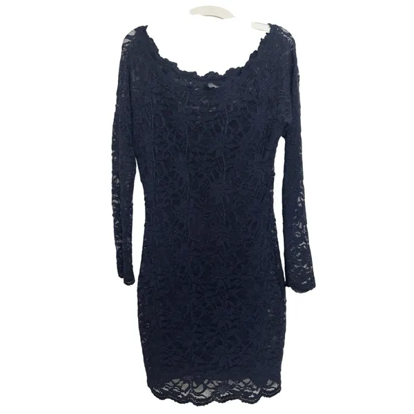 Navy Blue Floral Lace Body Con Long Sleeve Dress Y2K Club M Off Shoulder USA - Image 3