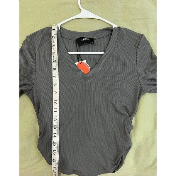 Cider NWT Women Medium Grey Long Sleeve Ruched Sided Crop Top Fall Streetwear - Image 7