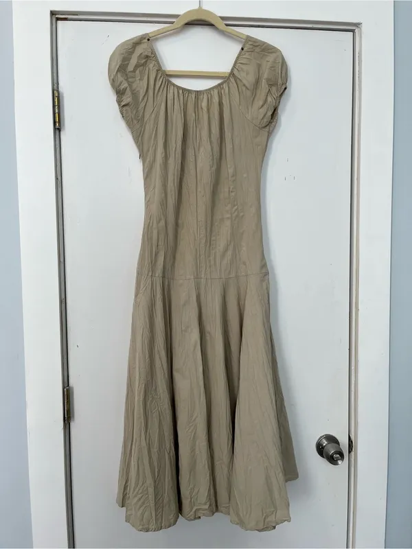 Neutral Tan Boho Belted Dress Renaissance Fair gauzy retro medium flowy - Image 5