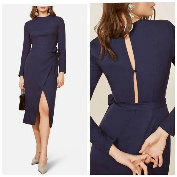 REFORMATION Maurita Danube Navy Blue Wrap Long Sleeve Dress Size 4 NEW - Image 2