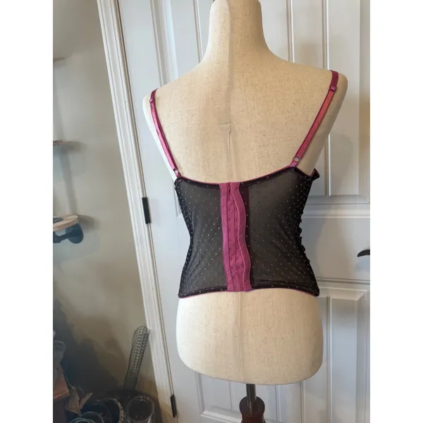 Dierfloor‎ Black Pink Polka Dot Mesh Bustier Top Lace Trim Coquette Lingerie - Image 5