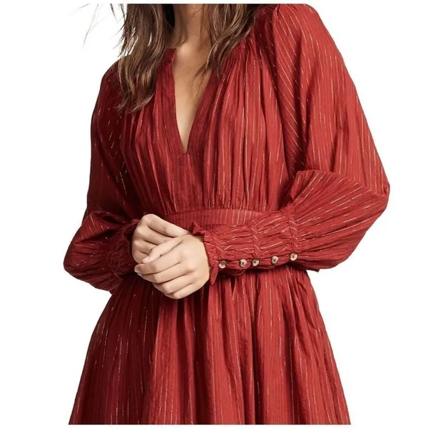 Ulla Johnson Rory Metallic Cotton Long Sleeve Mini‎ Dress Ruby Red Size 4 - Image 2