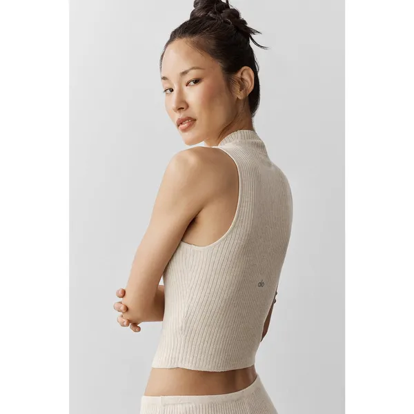 Alo Yoga Oatmeal Heather Sweater Knit Unwind Sleeveless Mock Neck Top Size Small - Image 2