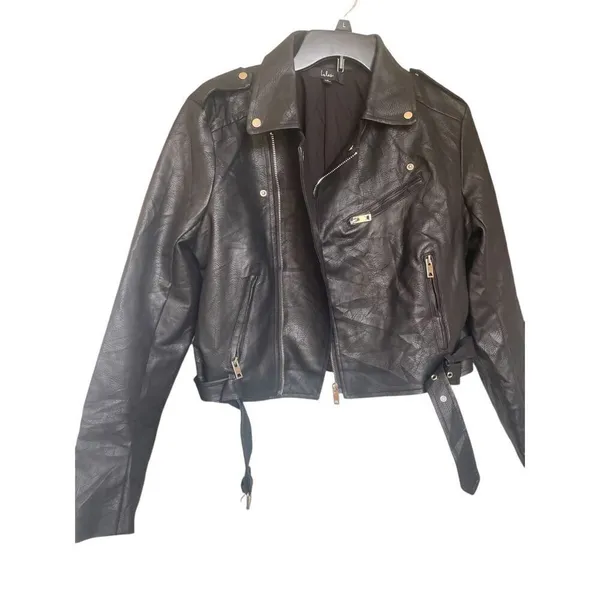 Lulus Women’s Faux Leather Moto Jacket Black L Belted Zippered - Image 3