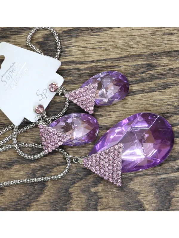 NWT Sophia Collection Studded Triangle Necklace Earring Set Silver / Purple 30" - Image 4