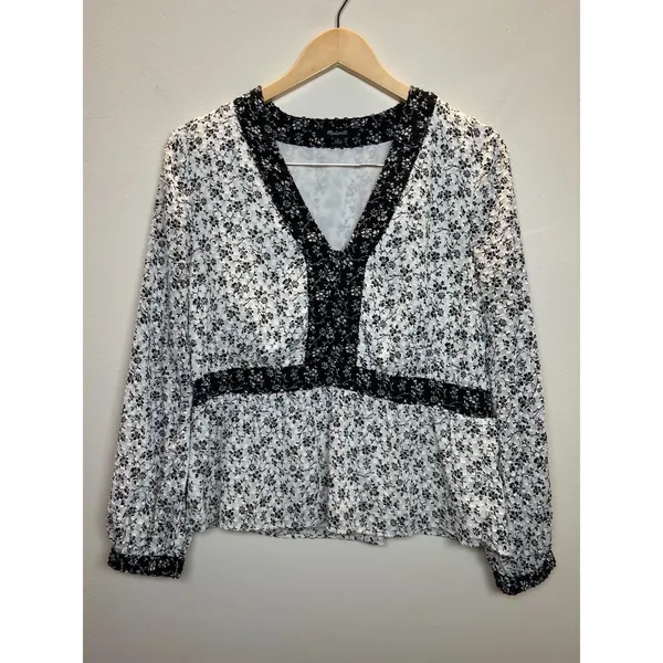 Madewell Floral Clipdot Peplum Top Womens Medium White Black V-Neck Long Sleeve - Image 3
