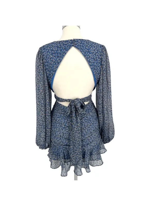 Bardot Floral V-Neck Long-Sleeve Mini Dress Ruffled Ruched Blue Size XL - Image 7