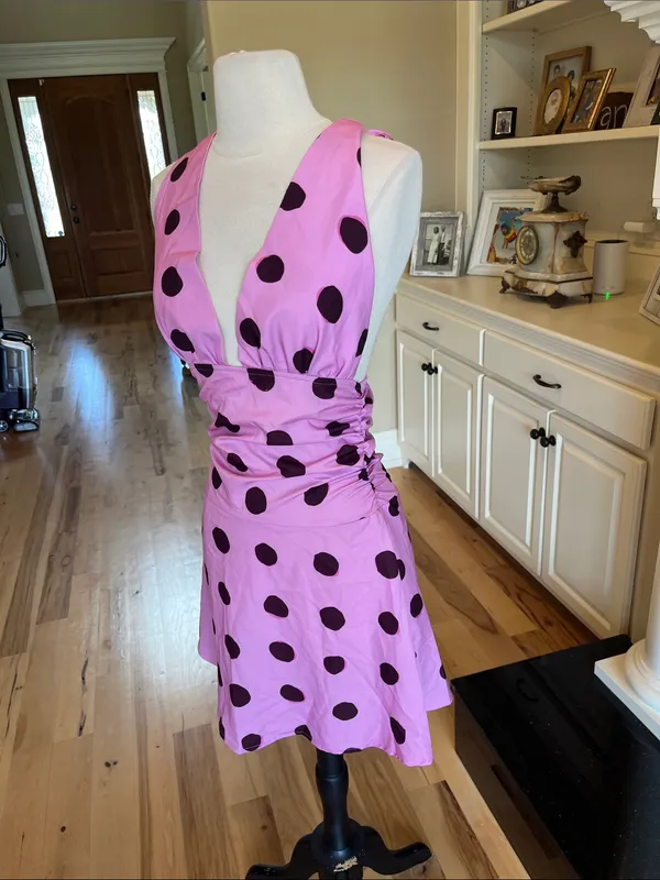 Pink Brown Polka Dot Silky Dress Halter Open Back Mini - Image 7
