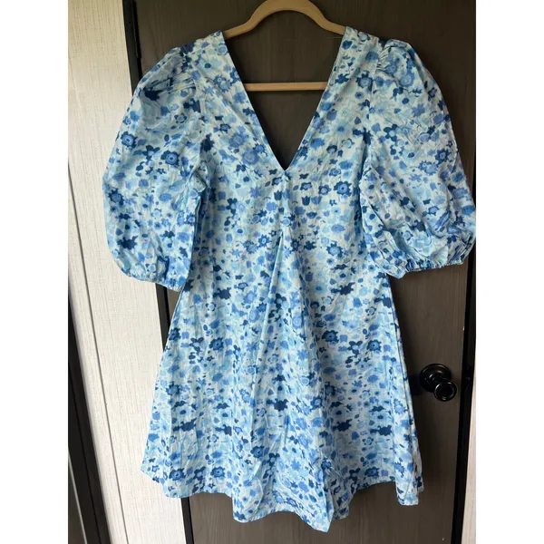 GANNI Printed Cotton Poplin Mini Dress Blue Floral Size EU 36/US 4/Small - Image 3