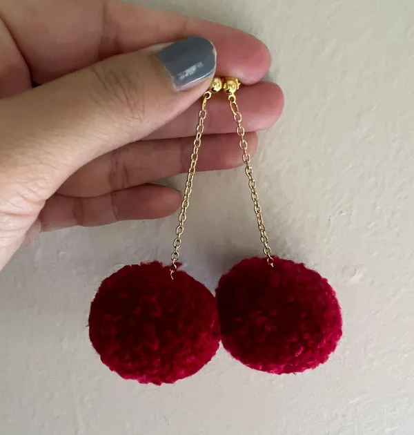 Handmade Red Pom Pom Earrings - Image 3