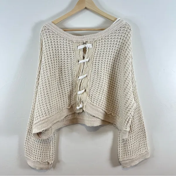Free People | Lace Up Back Oversized Waffle Knit Sweater Ivory Small - Image 7