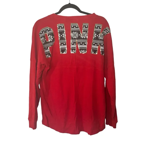 PINK - Victoria's Secret VS Pink Red Fair Isle Sequin Varsity Crew - Image 4