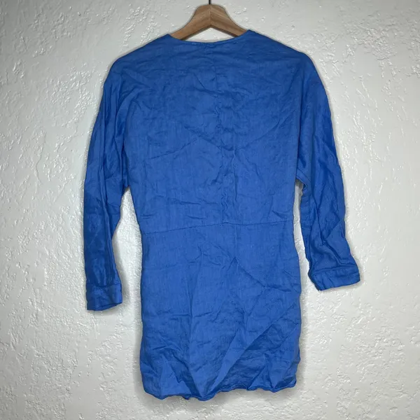 Zara Women Blue 100% Linen Tie Front Blazer Jacket V-Neck Long Sleeve Size Small - Image 2