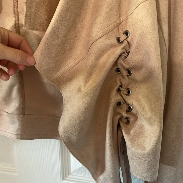 Miss Me Jacket Women Small Beige Crop Faux Suede Criss Cross Lace Up Fairygoth - Image 4