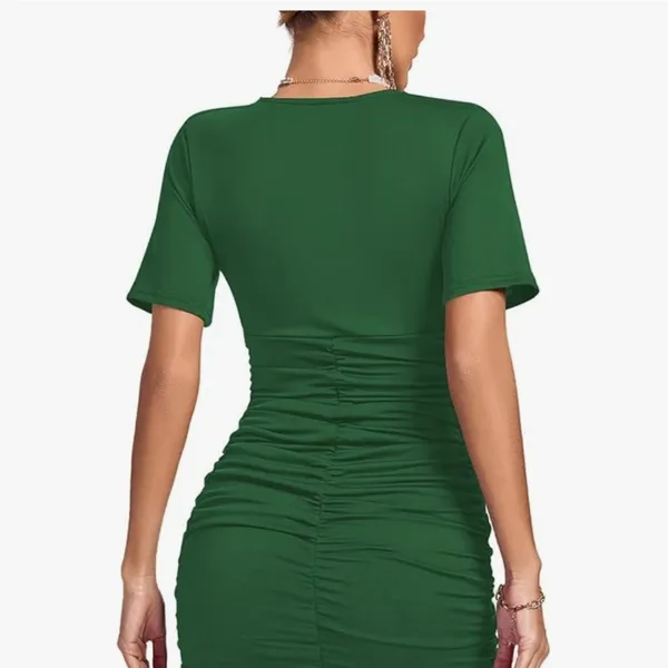 Plunging Ruched Bodycon Mini Dress Emerald Green Deep V Neck Short Sleeve Medium - Image 3