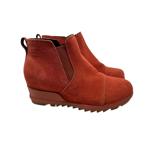 Sorel Evie Booties Boots Pull-On Wedge Heel Waterproof Suede Red‎ Size US 8 - Image 4