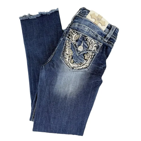 Miss Me Jeans Capri Mid Rise Raw Hem Logo Embellished Festival - Image 2