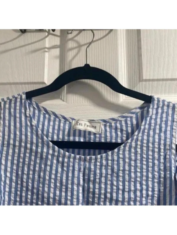 Ces Femmes Blue and White Seersucker Striped Cold Shoulder Shift Dress - Image 2