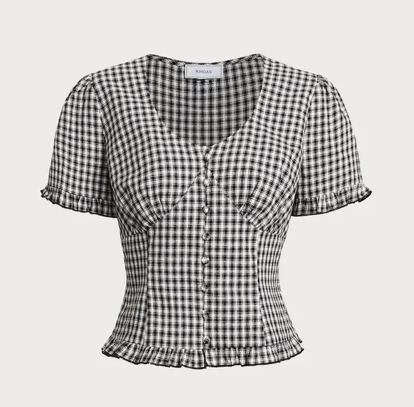 Rihoas Black Plaid V Neck Ruffle Blouse Size XS - Image 5