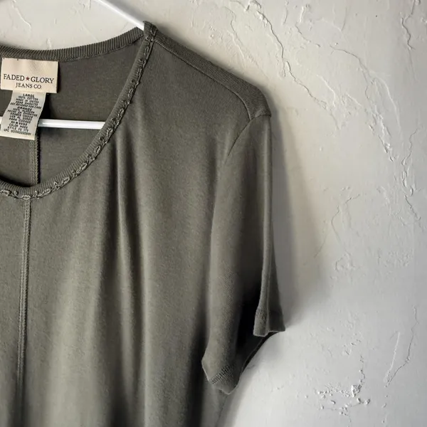 Faded Glory Dress Vintage 90s Large Green Moss Maxi‎ Short Slv Knit Cottage - Image 3