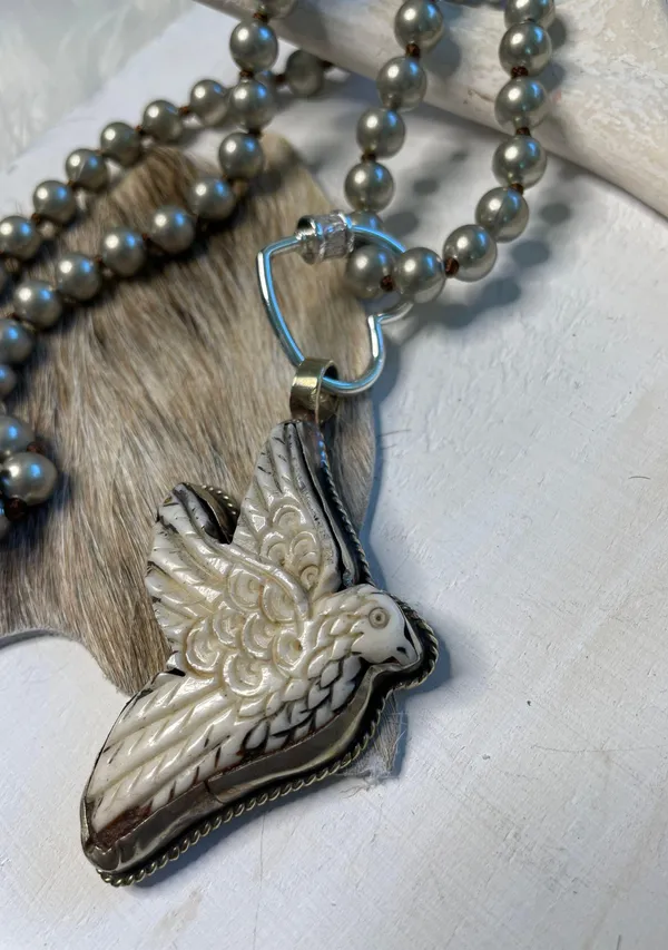 Handcrafted Tibetan Bone Dove On Navajo Pearl Necklace - Image 3