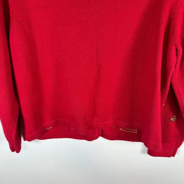 All Points Red Christmas Cardigan Sweater‎ Gold Bells Beaded Snowflakes Large - Image 8