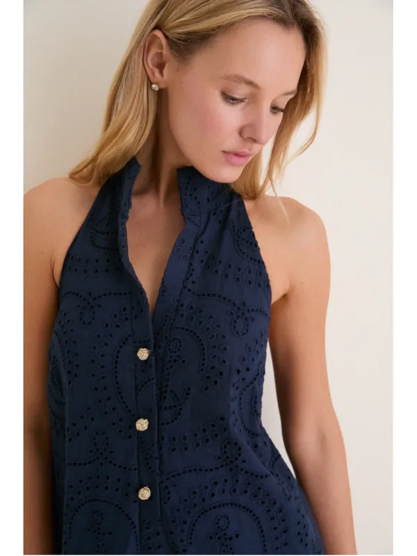 Tuckernuck Navy Nautical Eyelet Jagger Halter Dress Scallop Coastal Beach Resort - Image 4