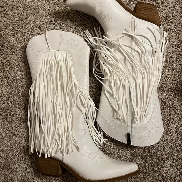 BEAST FASHION White Fringe Heeled Boots - Image 2