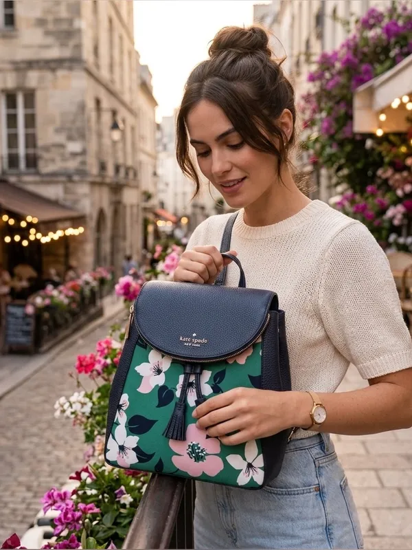 Kate Spade New York Floral Print Backpack – Navy Blue Pebble Leather – Stylish D - Image 3