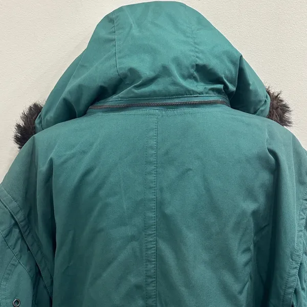 Y2K 90s London Fog Green Thinsulate Bomber Jacket Faux Fur Hood Toggle Womens M - Image 9