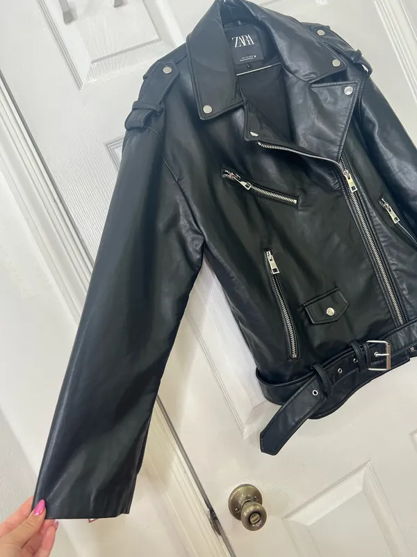 Zara Faux Leather Moto Jacket Biker Grunge Streetwear Belted Black Size L - Image 8