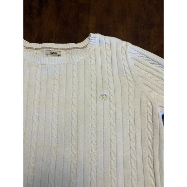IZOD Womens Cable Knit Sweater White Crew Neck Cotton Size M Preppy Classic Y2K - Image 3