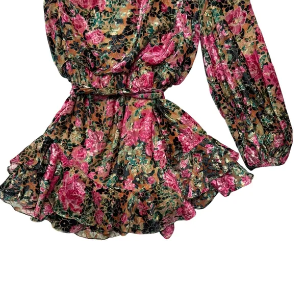 HEMANT‎ & NANDITA One Shoulder Floral Metallic Ruffle Mini Dress XL FLAWED - Image 9